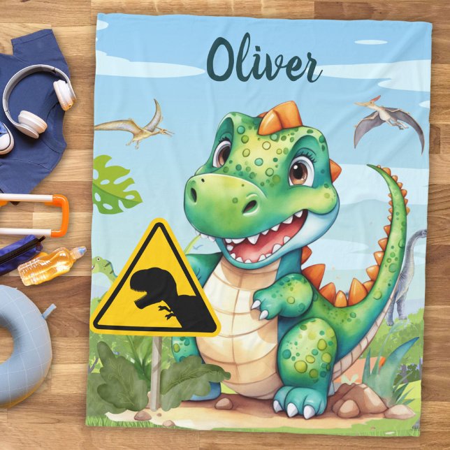 Cute Green Trex Dinosaur Personalized Fleece Blanket (Creator Uploaded)