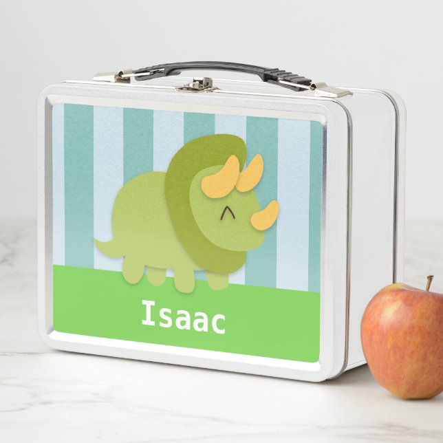 Cute Green Triceratops Kids Personalized Metal Lunch Box (In Situ)