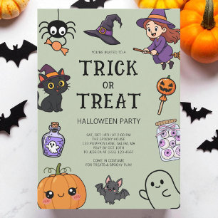 Cute Green Trick or Treat Halloween Costume Party Invitation
