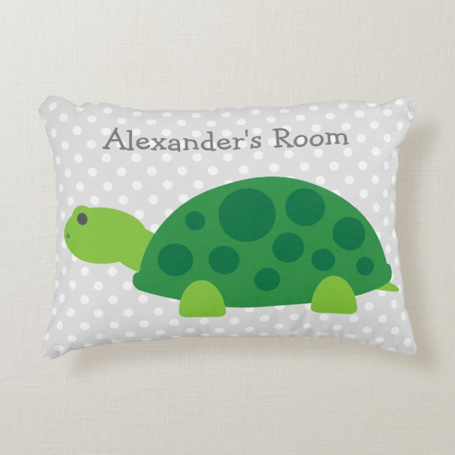 Cute green turtle accent pillow for kids room (Front)