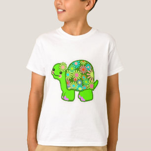 Cute green turtle with retro flower shell - T-Shirt