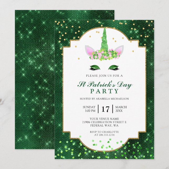 Cute Green Unicorn St Patrick's Day Party Invitation (Front/Back)