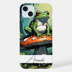 Cute Green Vintage Frog and Mushroom Custom Name iPhone 15 Plus Case