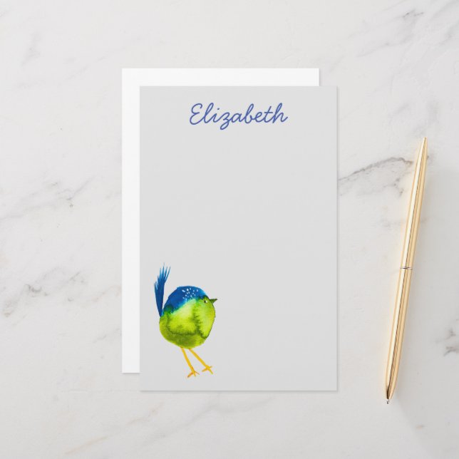 Cute green watercolor bird stationery (Front/Back In Situ)