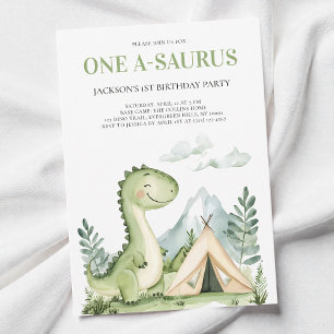 Cute Green Watercolor Dinosaur 1st Birthday Party Invitation