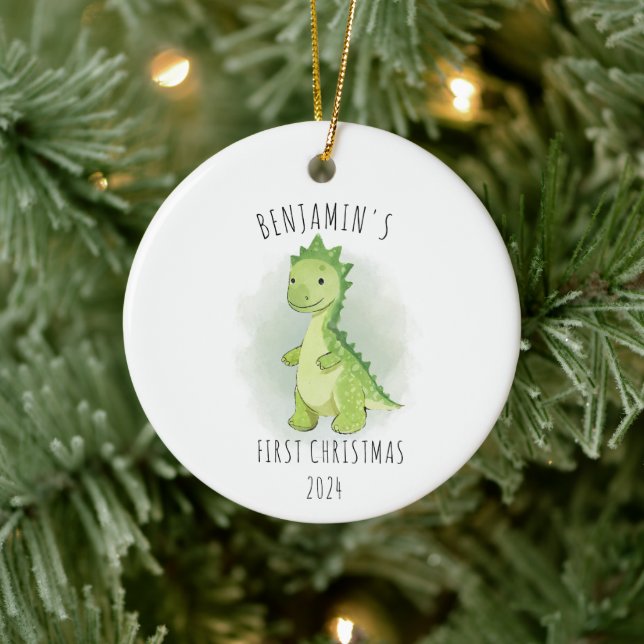 Cute Green Watercolor Dinosaur First Christmas  Ceramic Ornament (Tree)