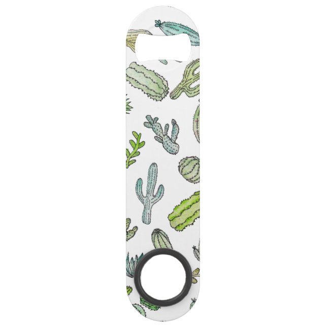 Cute Green Watercolor Paint Summer Cactus Pattern Bar Key (Front)