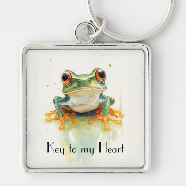  Cute Green Watercolor Tree Frog, custom  Keychain (Front)