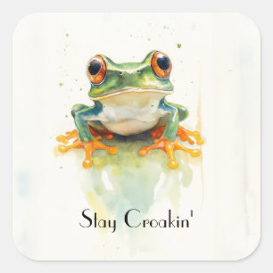  Cute Green Watercolor Tree Frog, custom  Square Sticker
