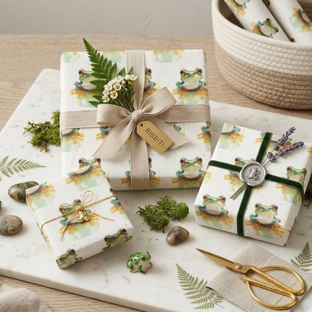  Cute Green Watercolor Tree Frog, custom  Wrapping Paper Sheet (Creator Uploaded)