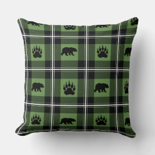 Cute Green White & Black Bear and Paw Flannel Throw Pillow