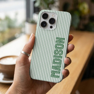 Cute Green & White Pinstripe Personalized Name iPhone 16 Pro Case