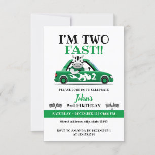 Cute Green & White Race Car Two Fast 2nd Birthday Invitation