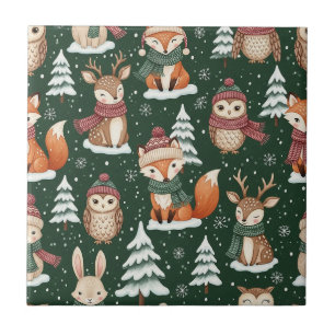 Cute Green Woodland Christmas Animal Pattern Tile