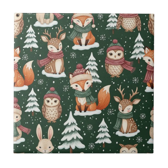 Cute Green Woodland Christmas Animal Pattern Tile (Front)