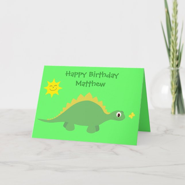Cute Green & Yellow Dinosaur Birthday Card (Front)