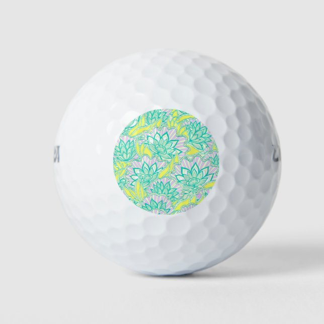 Cute green yellow floral pattern ceramic tile golf balls (Front)