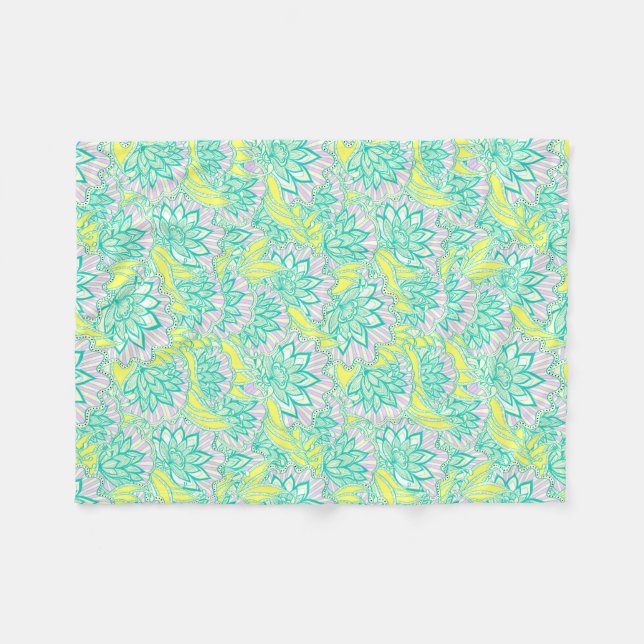 Cute green yellow floral pattern fleece blanket (Front (Horizontal))