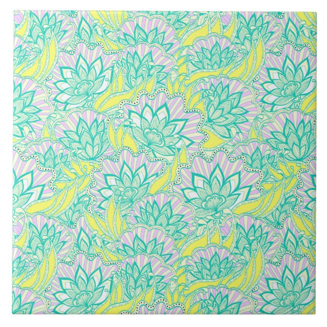 Cute green yellow floral pattern tile (Front)