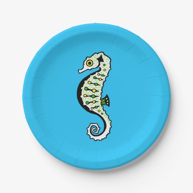 Cute  green & yellow SEAHORSE  -blue ocean  party Paper Plate (Front)