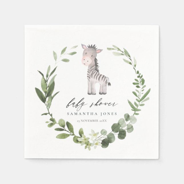 Cute Green Zebra Foliage Wreath Baby Shower Napkin (Front)