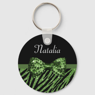 Cute Green Zebra Print FAUX Glitz Bow With Name Keychain