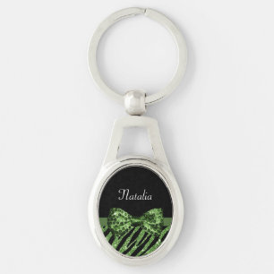 Cute Green Zebra Print FAUX Glitz Bow With Name Keychain
