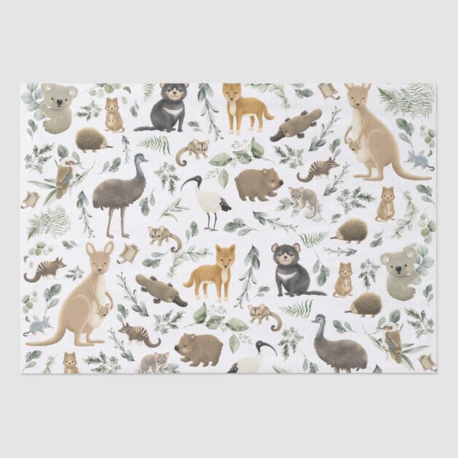 Cute Greenery Australian Animals Boy Baby Birthday Tissue Paper (Front)