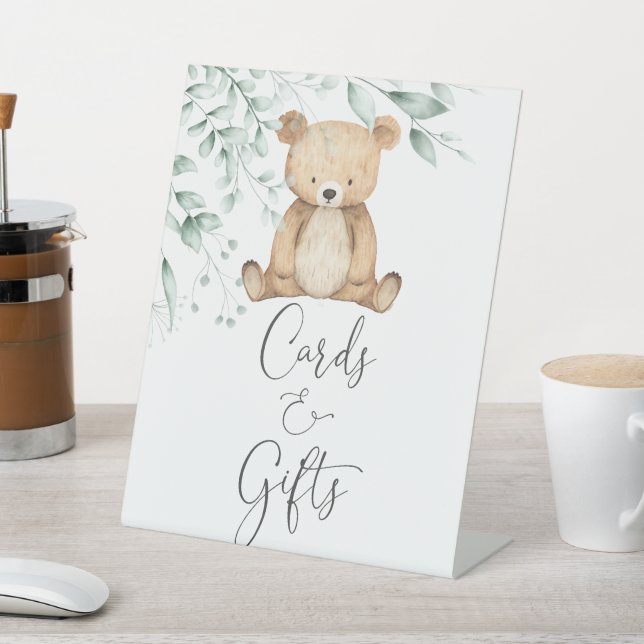 Cute Greenery Bear Minimalist Cards And Gifts Pedestal Sign (In SItu)