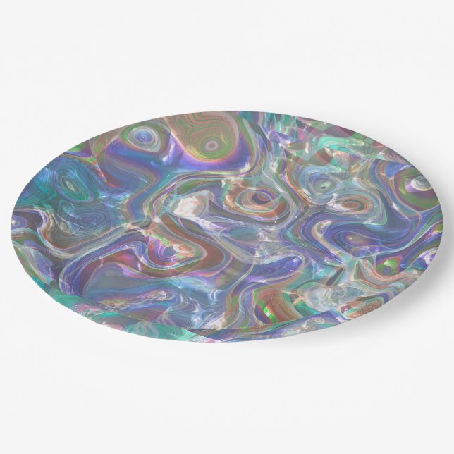 Cute Greenery Blue Abstract Marble Pattern Paper Plate (Angled)