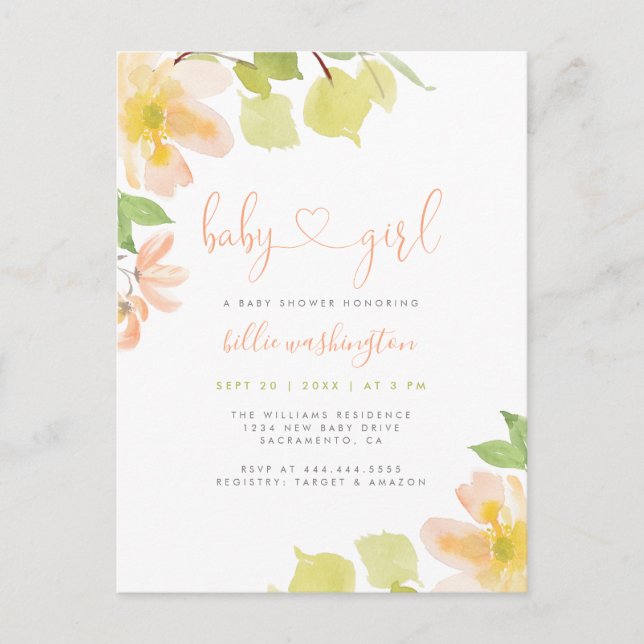 Cute Greenery Blush Floral Script Girl Baby Shower Invitation Postcard (Front)
