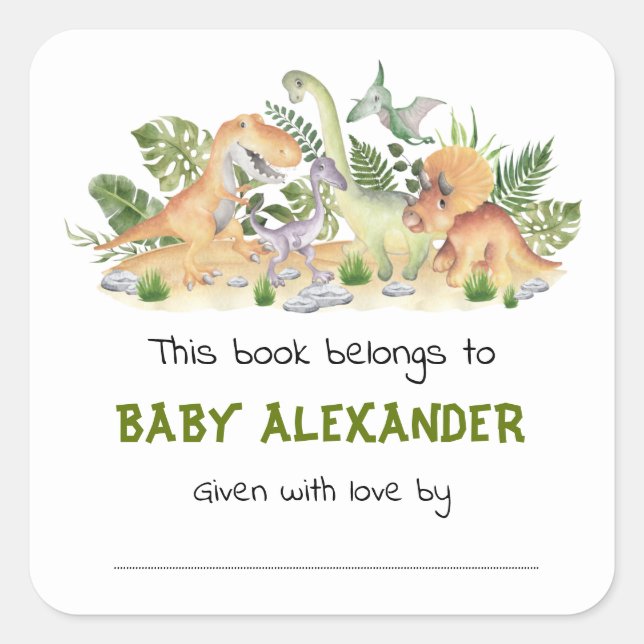 Cute Greenery Dinosaurs Baby Shower Bookplate Square Sticker (Front)