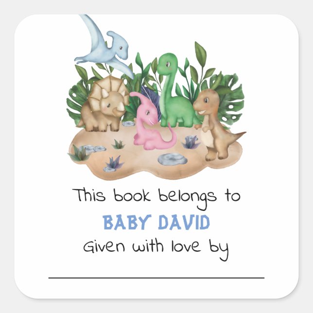 Cute Greenery Dinosaurs Baby Shower Square Sticker (Front)