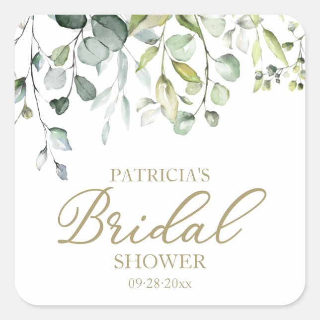 Cute Greenery Eucalyptus Watercolor Bridal Shower  Square Sticker (Front)