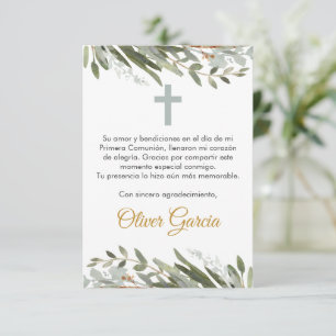 Cute Greenery First Communion in Spanish Editable Thank You Card