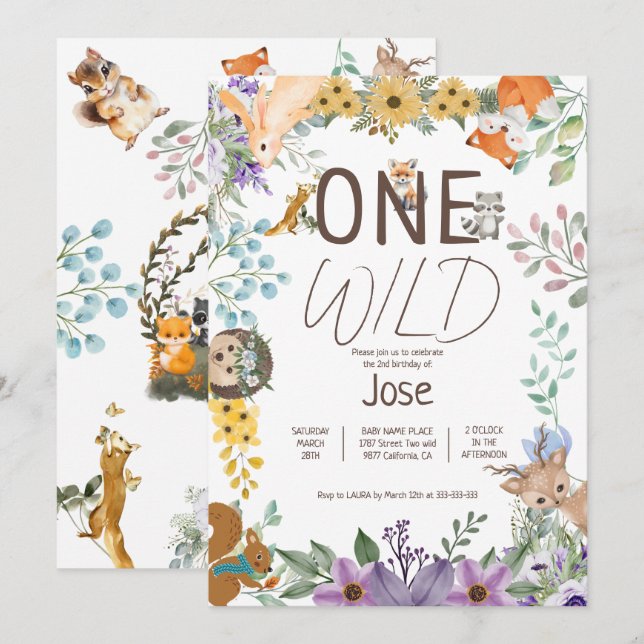 Cute greenery forest animals woodland 1st birthday invitation (Front/Back)