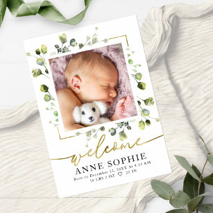 Cute Greenery Photo Birth Announcement Cards