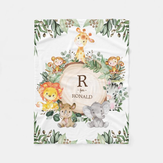 Cute Greenery Wild Jungle Safari Animals Nursery Fleece Blanket (Front)