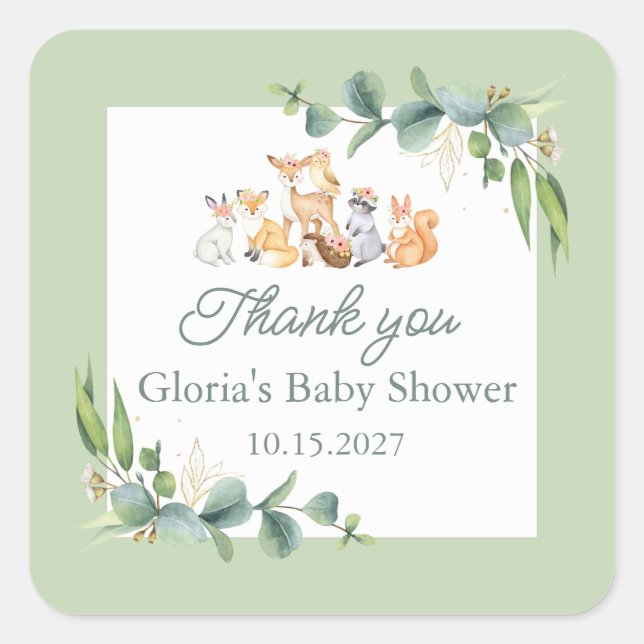 Cute Greenery Woodland Animals Baby Shower Square Sticker (Front)