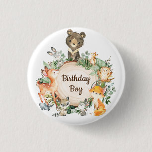Cute Greenery Woodland Animals Birthday Boy 1 Inch Round Button
