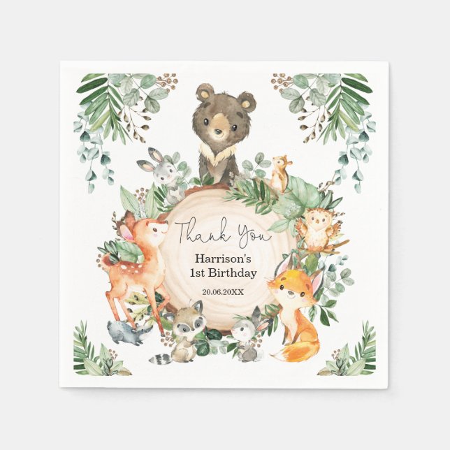 Cute Greenery Woodland Baby Wild Animals Birthday Napkin (Front)