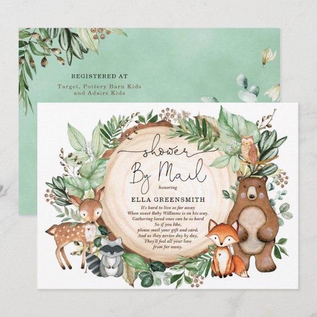 Cute Greenery Woodland Forest Baby Shower By Mail Invitation (Front/Back)