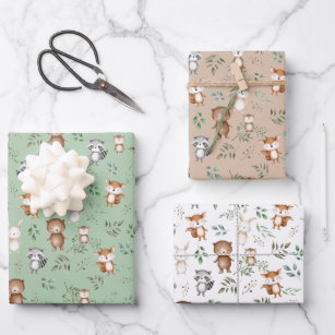 Cute Greenery Woodland Forest Party Baby Animals Wrapping Paper Sheet