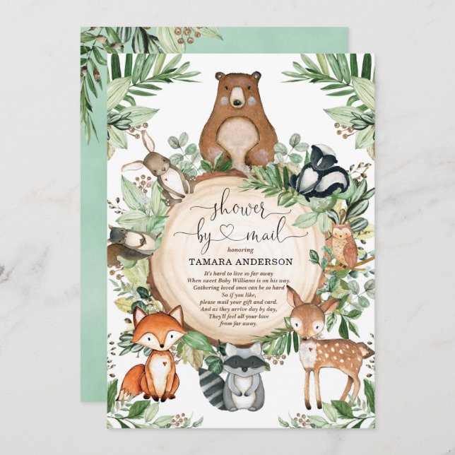 Cute Greenery Woodland Wild Animals Shower By Mail Invitation (Front/Back)