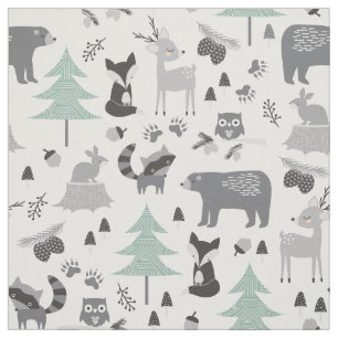 Cute Grey and Teal Woodland Animals Fabric