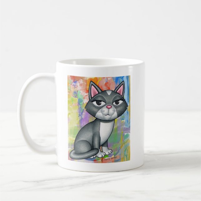 Cute Grey and White Cat with Drippy Paint Colours Coffee Mug (Left)