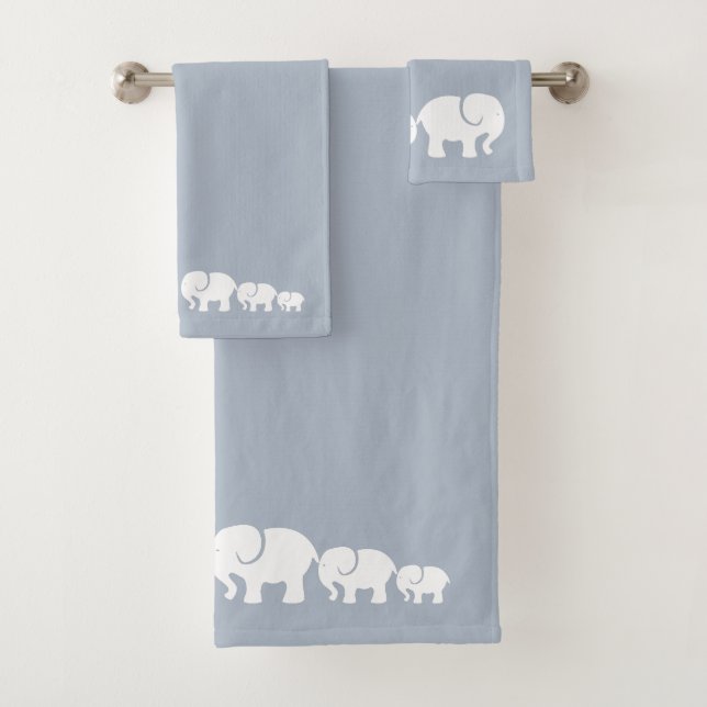 Cute Grey and White Elephant Bathroom Towel Set (Insitu)