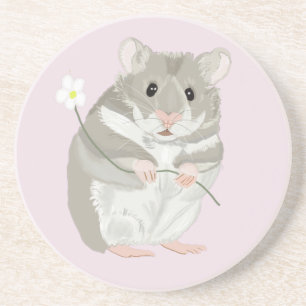 Cute Grey and White Hamster Holding a Flower  Coaster