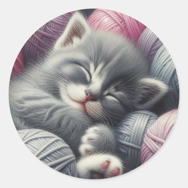 Cute Grey and White Kitten Napping in Yarn Classic Round Sticker (Front)