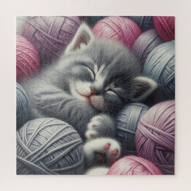 Cute Grey and White Kitten Napping in Yarn Jigsaw Puzzle (Vertical)